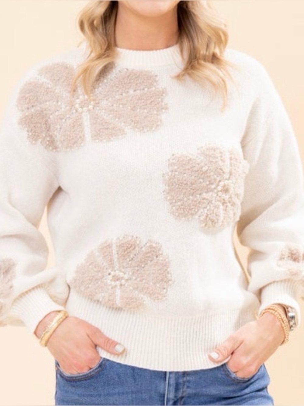 Lovel Cream Crewneck Sweater with Taupe Floral Appliqués. Small